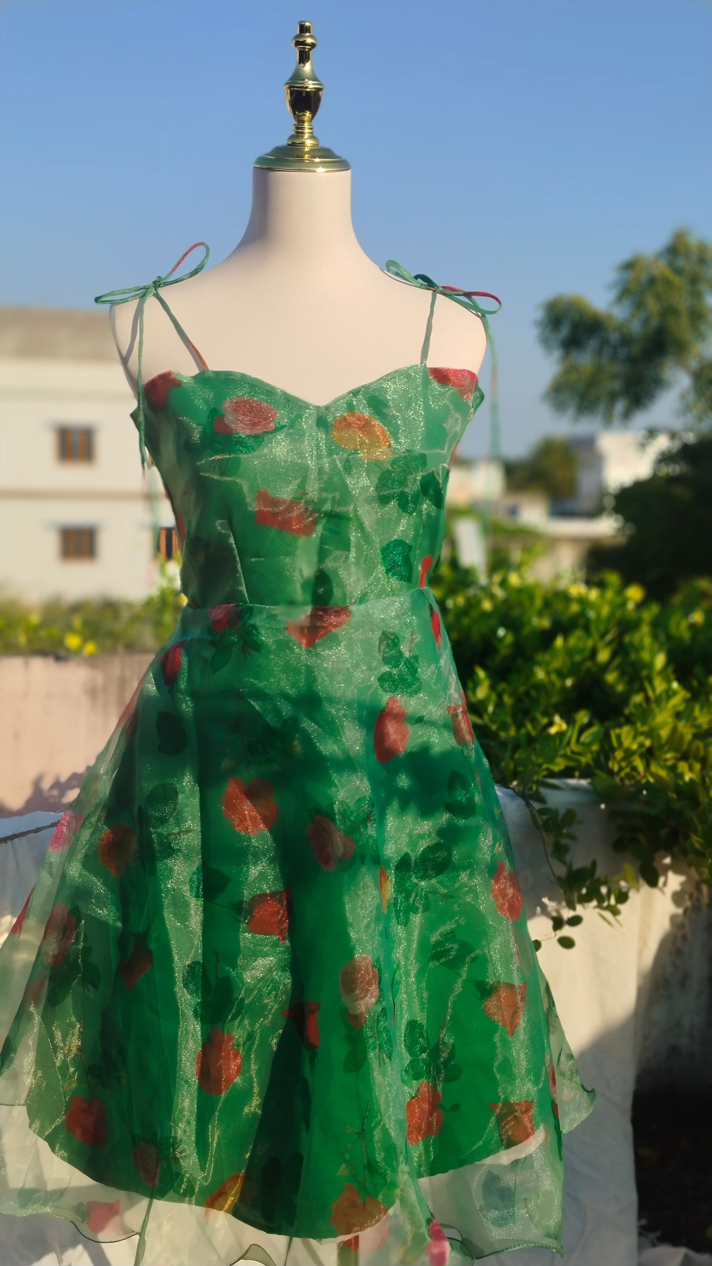 GREEN FLORAL PRINTED STARP DRESS