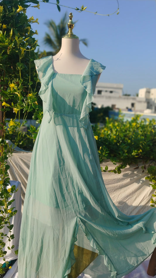 GREEN RUFFLED A LINE DRESS WITH FRONT SLIT